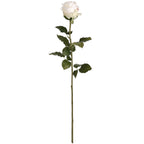 Full view of the artificial white rose with a tightly layered flower head, dark green serrated leaves and a long green stem against a white background.