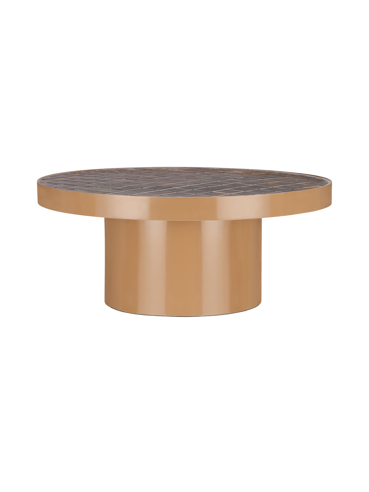 Round coffee table viewed at a low angle, showing a brown geometric tiled top, gold-toned rim and cylindrical gold-toned base against a white background.