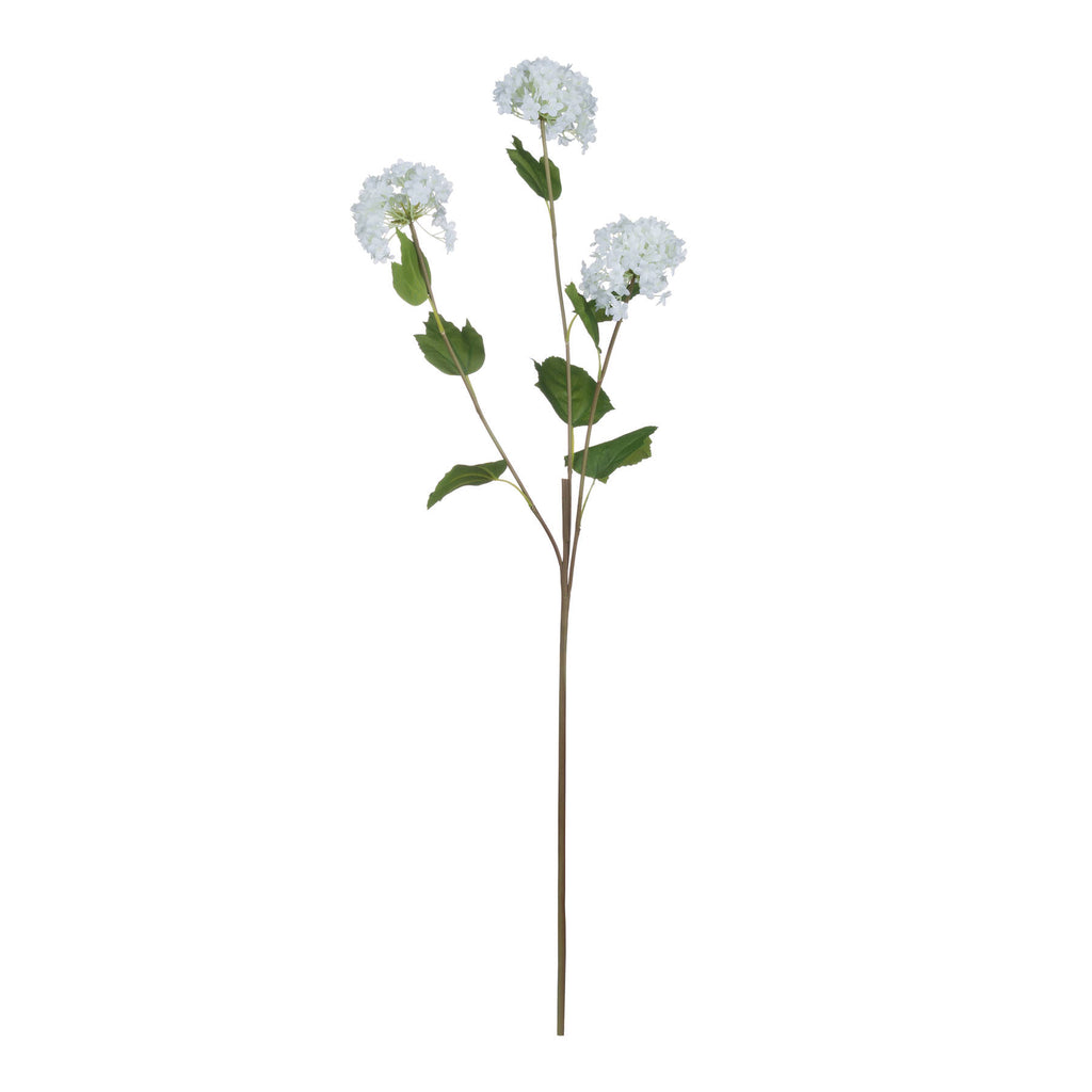 Full view of the Tiny Floret Artificial Flower Spray with three white flower clusters, green leaves and a long brown-green stem against white.
