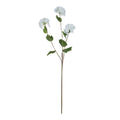 Full view of the Tiny Floret Artificial Flower Spray with three white flower clusters, green leaves and a long brown-green stem against white.