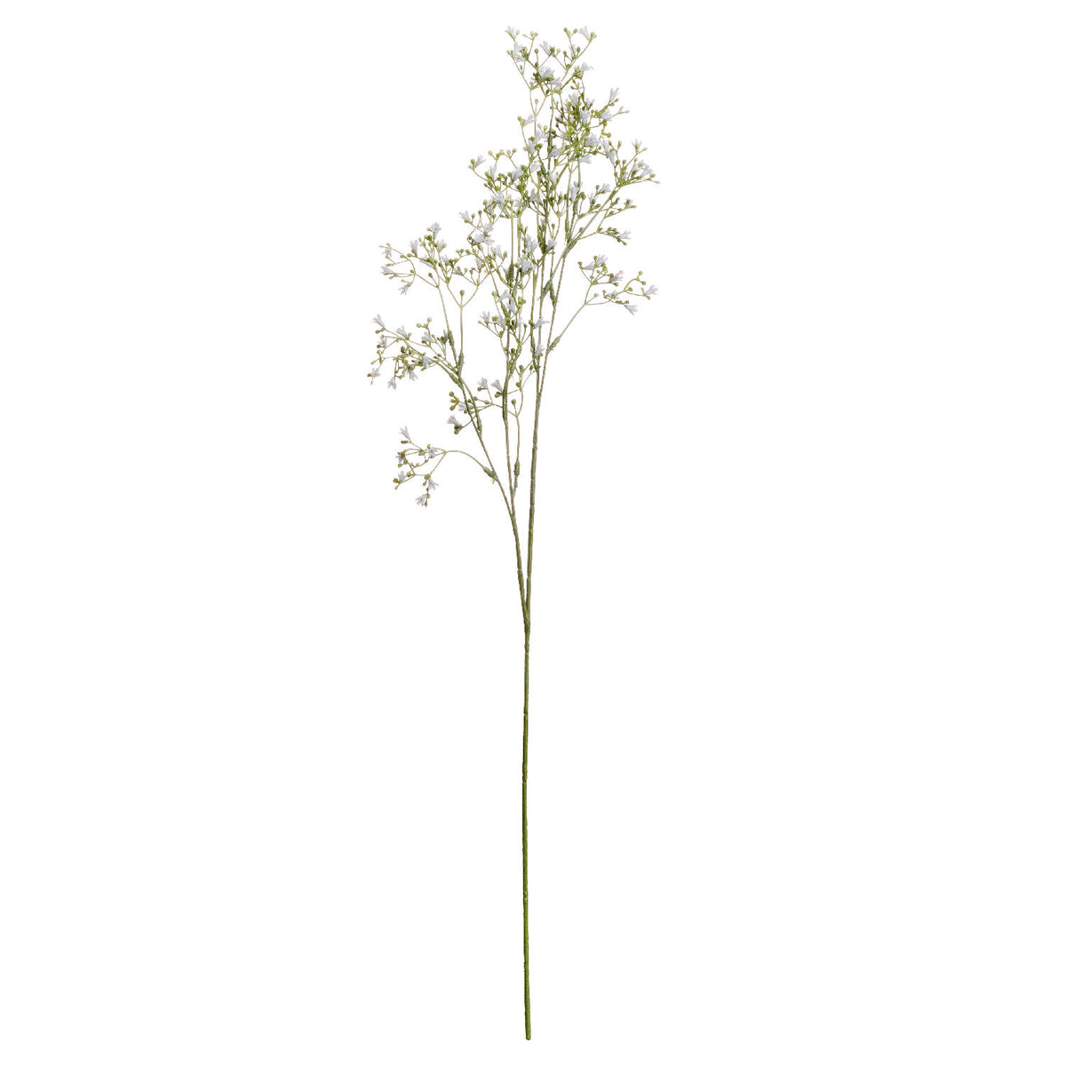 Tinywhite artificial flower spray shown in full against white, with a long green stem and fine branches bearing tiny white flowers and green buds.