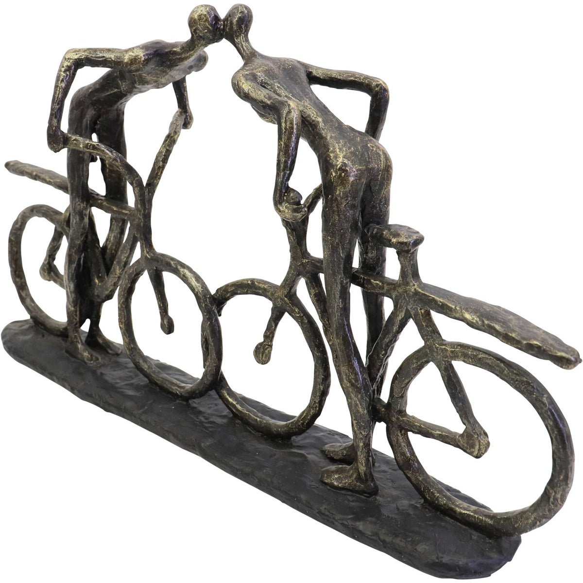 Angled view of the kissing cyclists sculpture, showing the bicycle frames, elongated figures and narrow textured base.