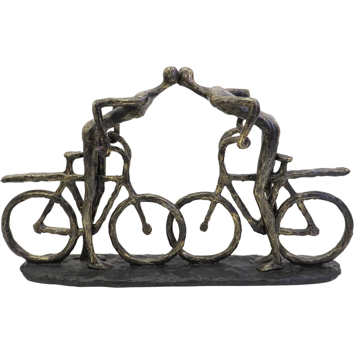 Front view of Together Sculpture, showing two cyclists leaning in to kiss above four overlapping wheels on a long black base.