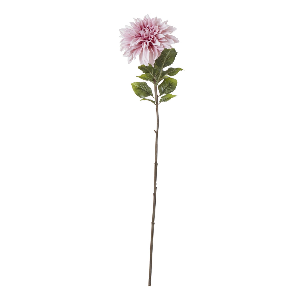 Full view of a pink artificial flower stem with a layered bloom, green leaves near the top and a long slender brown stem on white.