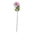 Full view of a pink artificial flower stem with a layered bloom, green leaves near the top and a long slender brown stem on white.