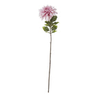 Full view of a pink artificial flower stem with a layered bloom, green leaves near the top and a long slender brown stem on white.
