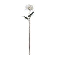 Full-length view of an artificial flower stem with a white layered bloom, dark green toothed leaves and a long brown stem against a white background.