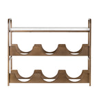 Front view of an empty gold-toned wine rack with two rows of three curved bottle rests and a white marble top.