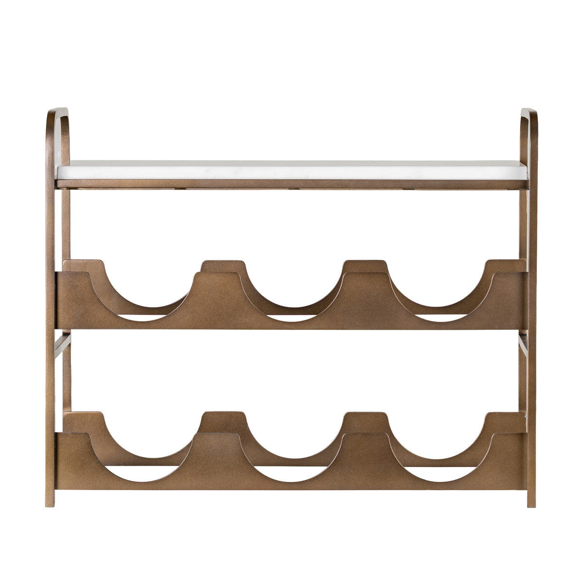 Front view of an empty gold-toned wine rack with two rows of three curved bottle rests and a white marble top.