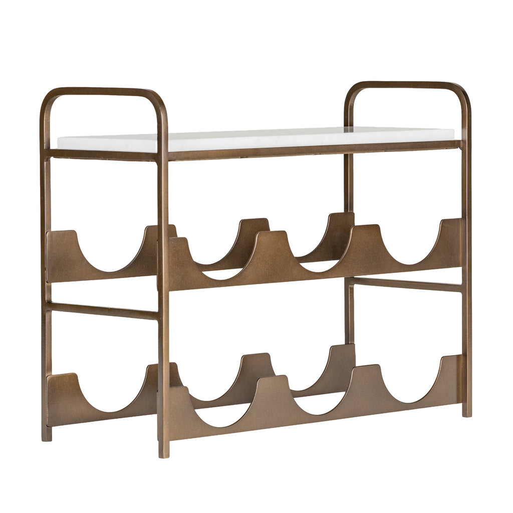 Angled view of the wine rack showing its open gold-toned frame, rounded sides and rectangular white marble top.