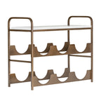 Angled view of the wine rack showing its open gold-toned frame, rounded sides and rectangular white marble top.