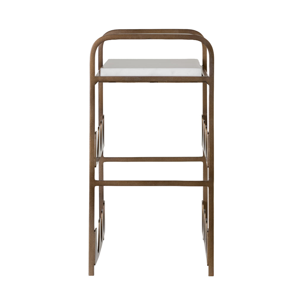 Side view of the wine rack showing the narrow open frame, rounded upper corners and marble shelf.
