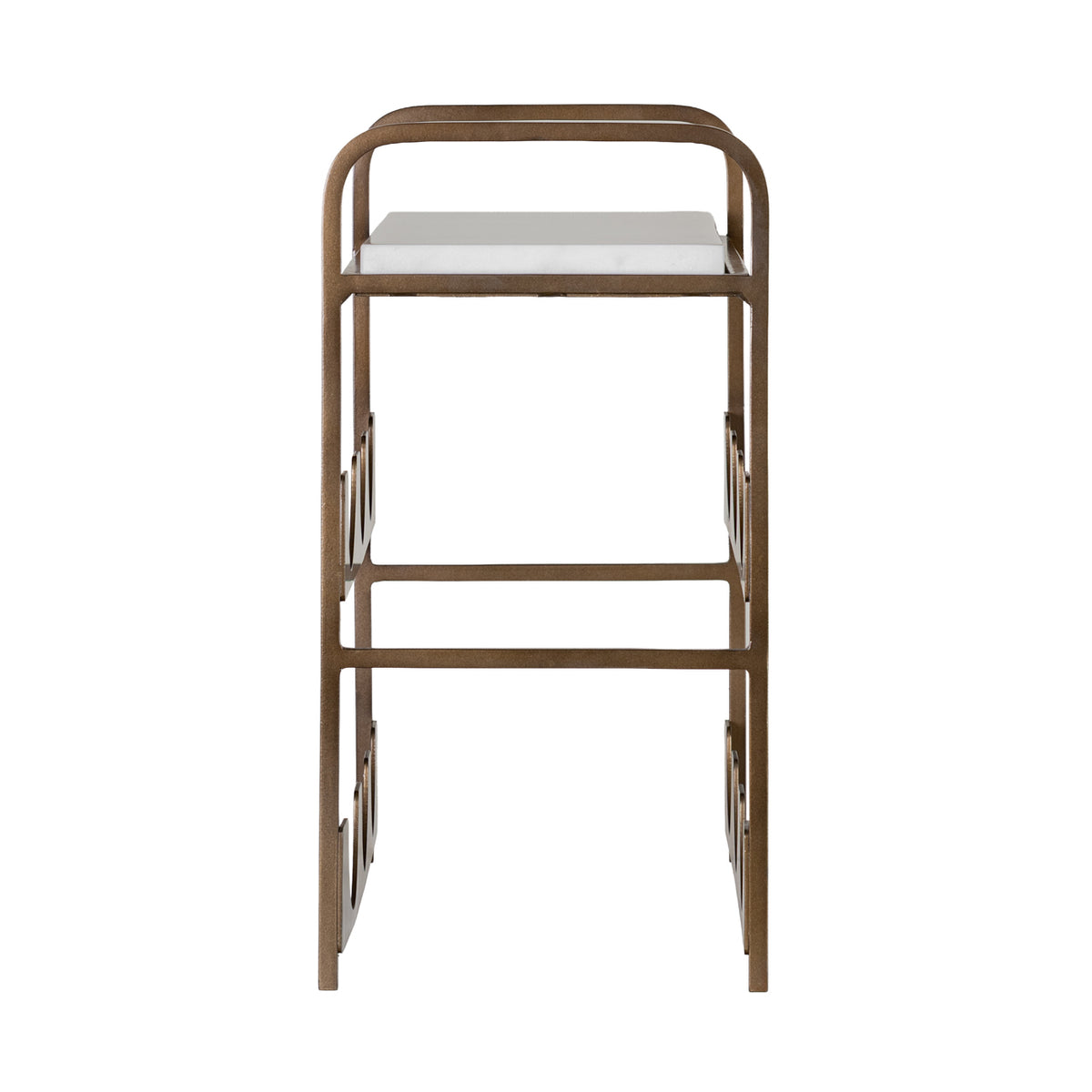 Side view of the wine rack showing the narrow open frame, rounded upper corners and marble shelf.