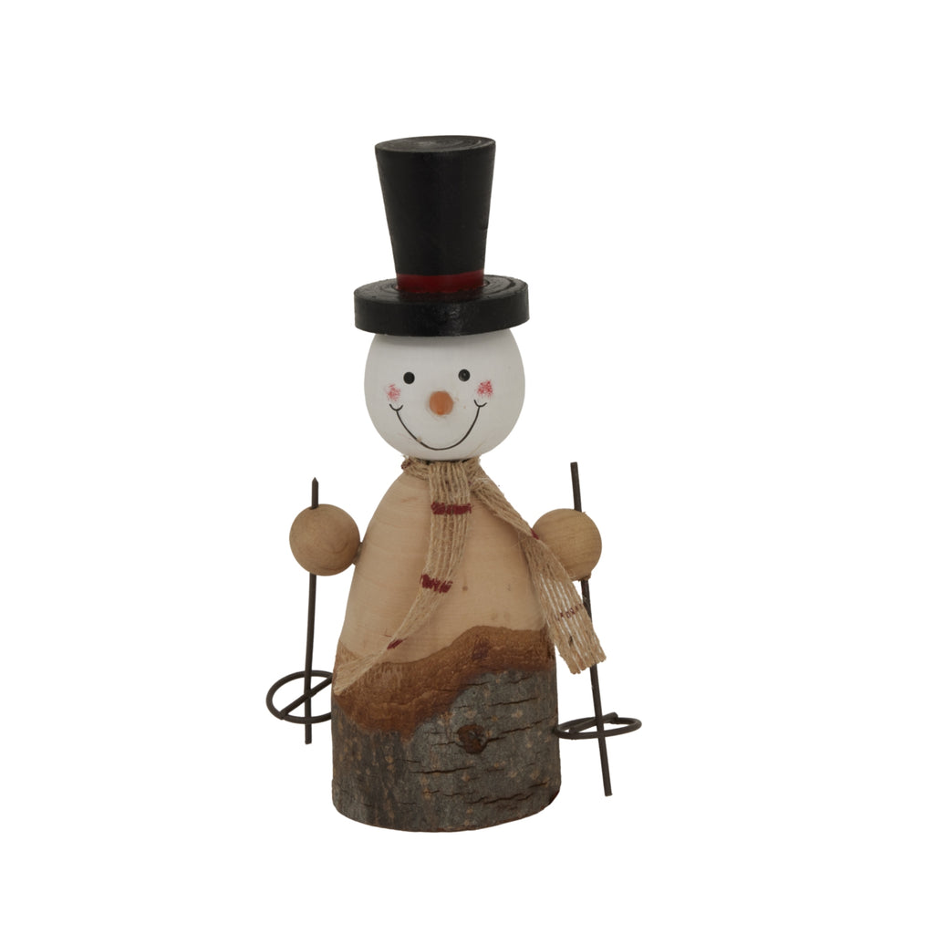 Front view of a smiling snowman decoration with a tall black top hat, red-striped scarf and ski poles beside a bark-covered base.
