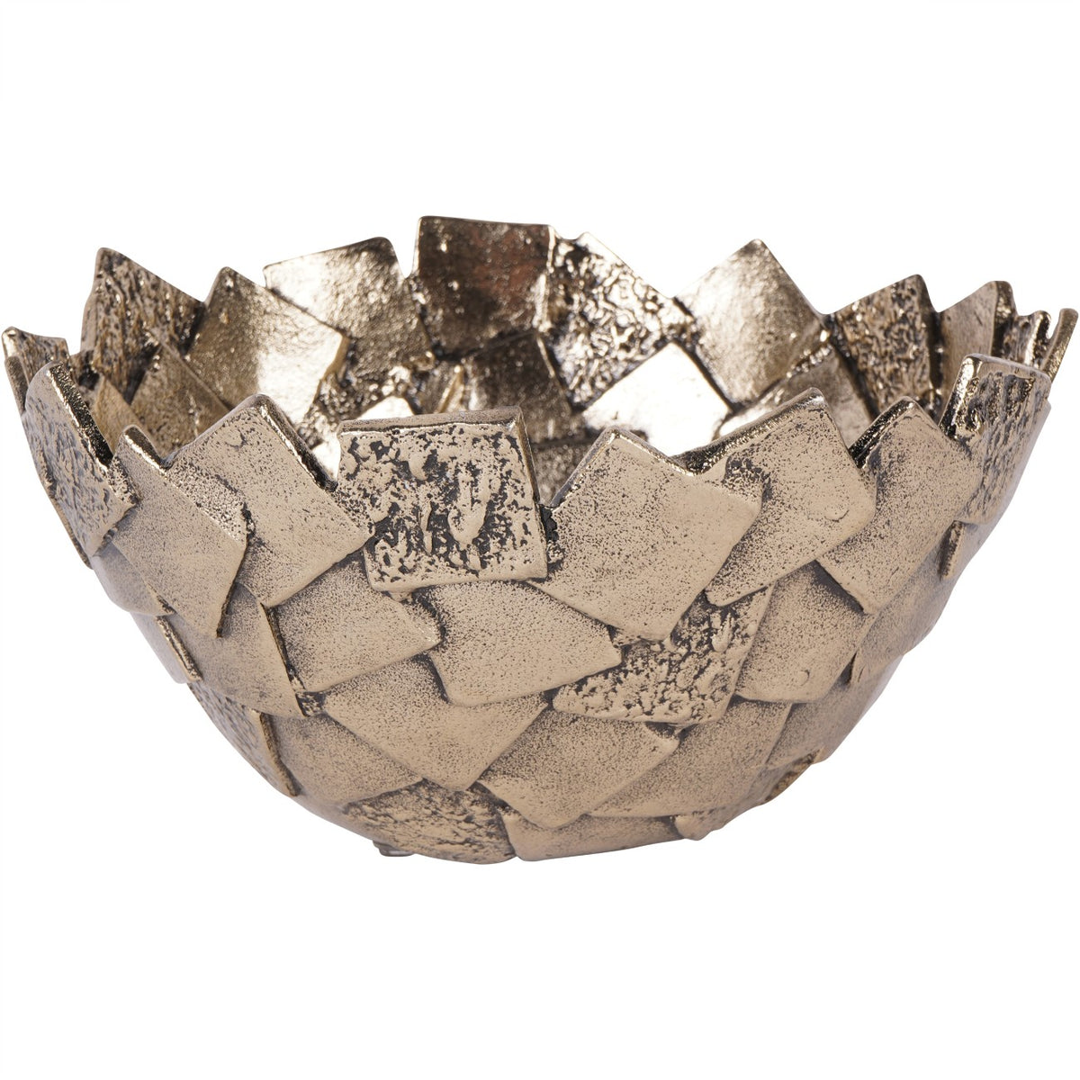 Tor antique gold decorative bowl in an angled view, showing overlapping square segments and an uneven rim.