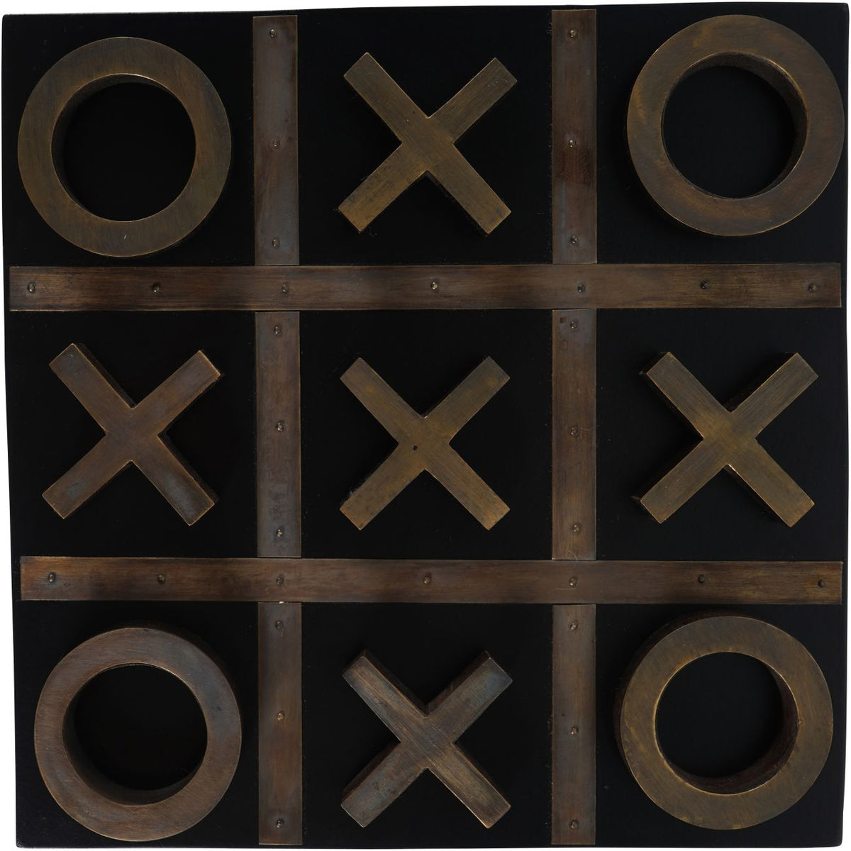 Overhead view showing ring-shaped noughts in each corner and five crosses across the nine-space board.