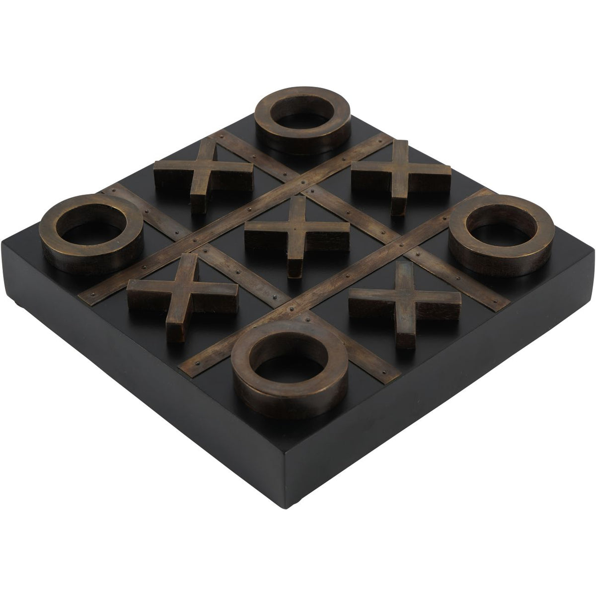 Angled view of the black square noughts and crosses board with brass-toned grid, four rings and five crosses.