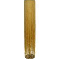 Full view of the gold-toned floor lamp with a tall cylindrical curtain of amber beads trailing down to a round metal base.