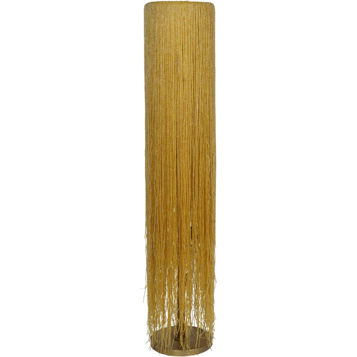 Full view of the gold-toned floor lamp with a tall cylindrical curtain of amber beads trailing down to a round metal base.