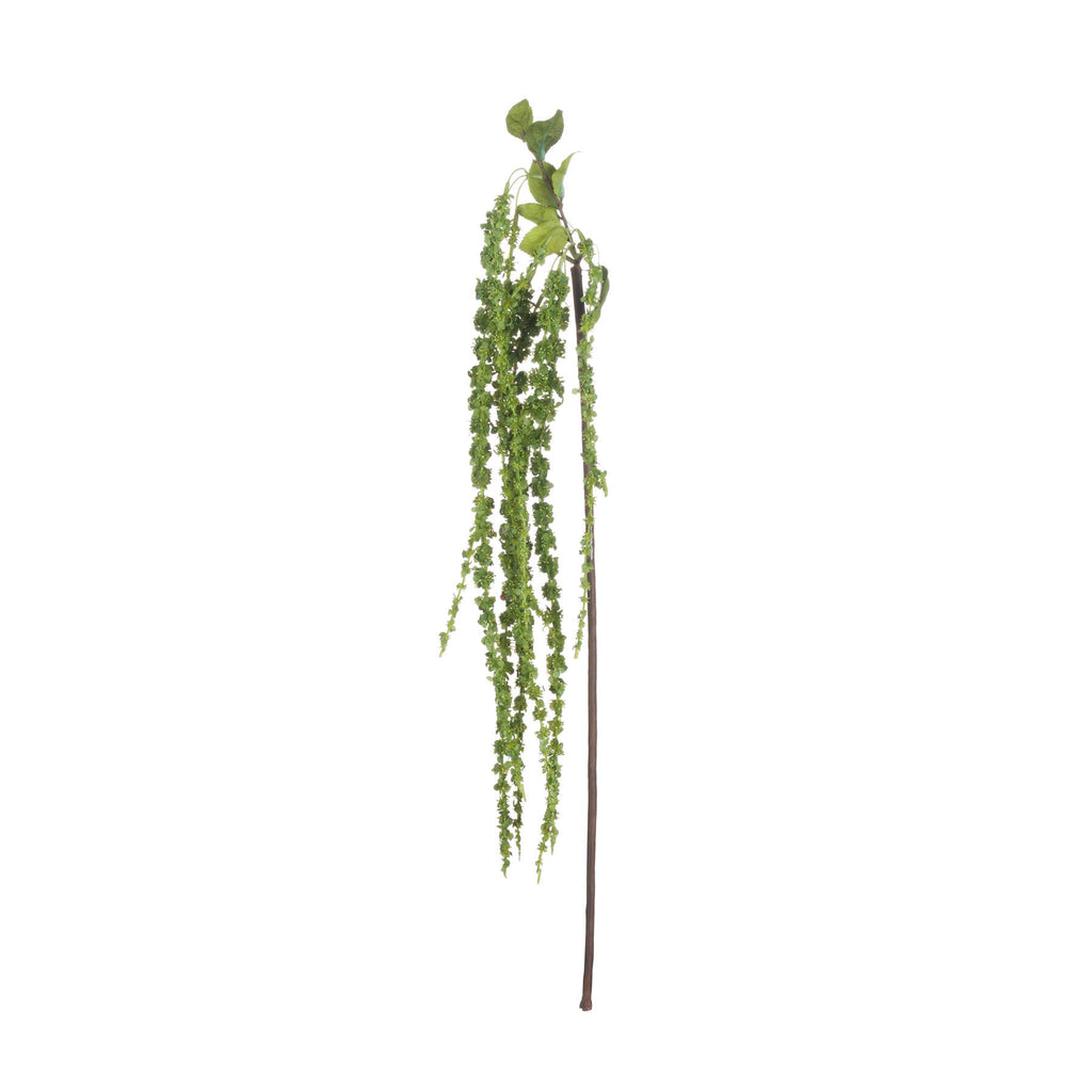 Artificial amaranthus stem with a brown-toned stalk, green leaves at the top and long textured strands hanging down against a white background.