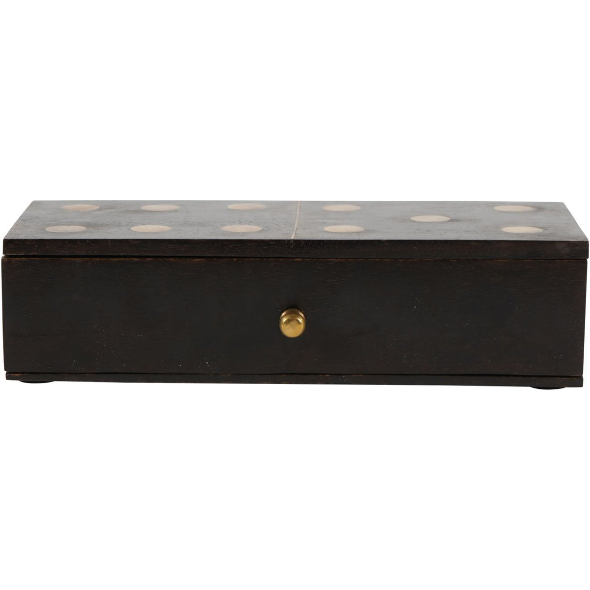 Front view of the closed domino box with a central brass-coloured knob and small feet beneath the base.