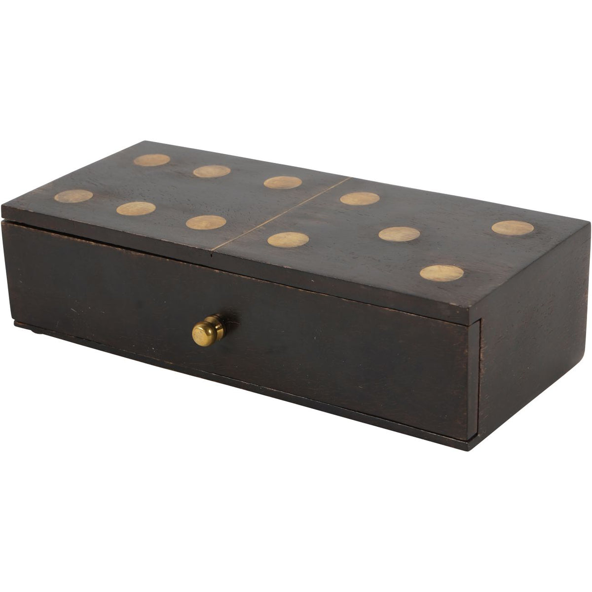 Angled view of the closed dark wooden domino box, showing brass-coloured dots, a dividing line and a drawer knob.