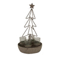 Treeoutline Collartray Candle Holder with a star above the tall open tree outline and four grey-green cups arranged on a round weathered tray.