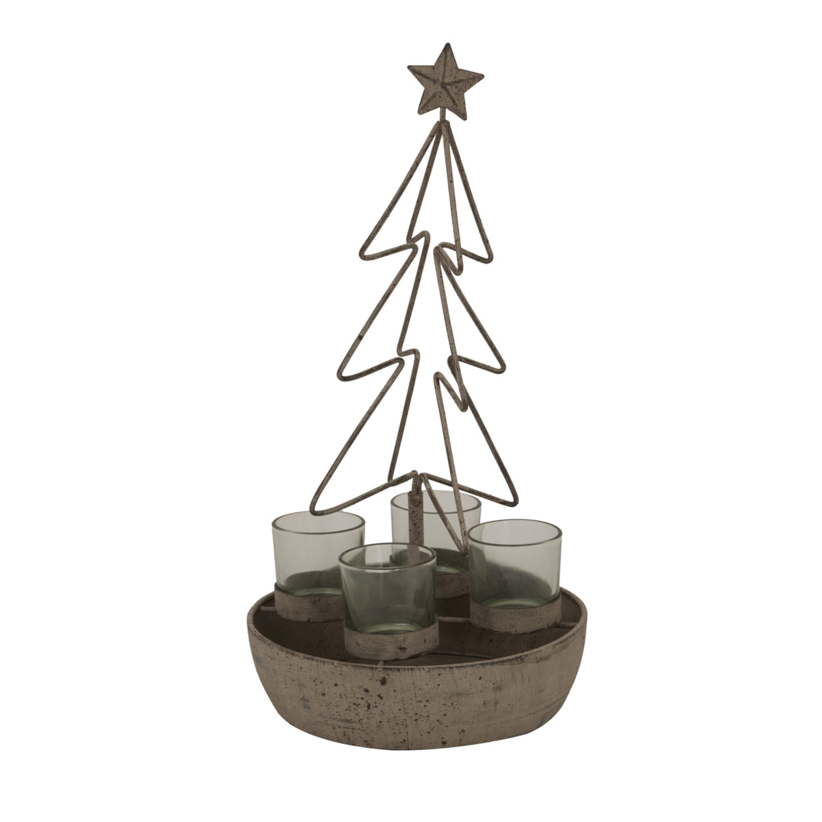 Treeoutline Collartray Candle Holder with a star above the tall open tree outline and four grey-green cups arranged on a round weathered tray.