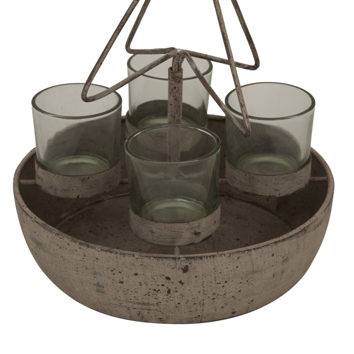 Close-up of four grey-green cups in pale speckled collars, with the lower tree outline above and the weathered round tray below.