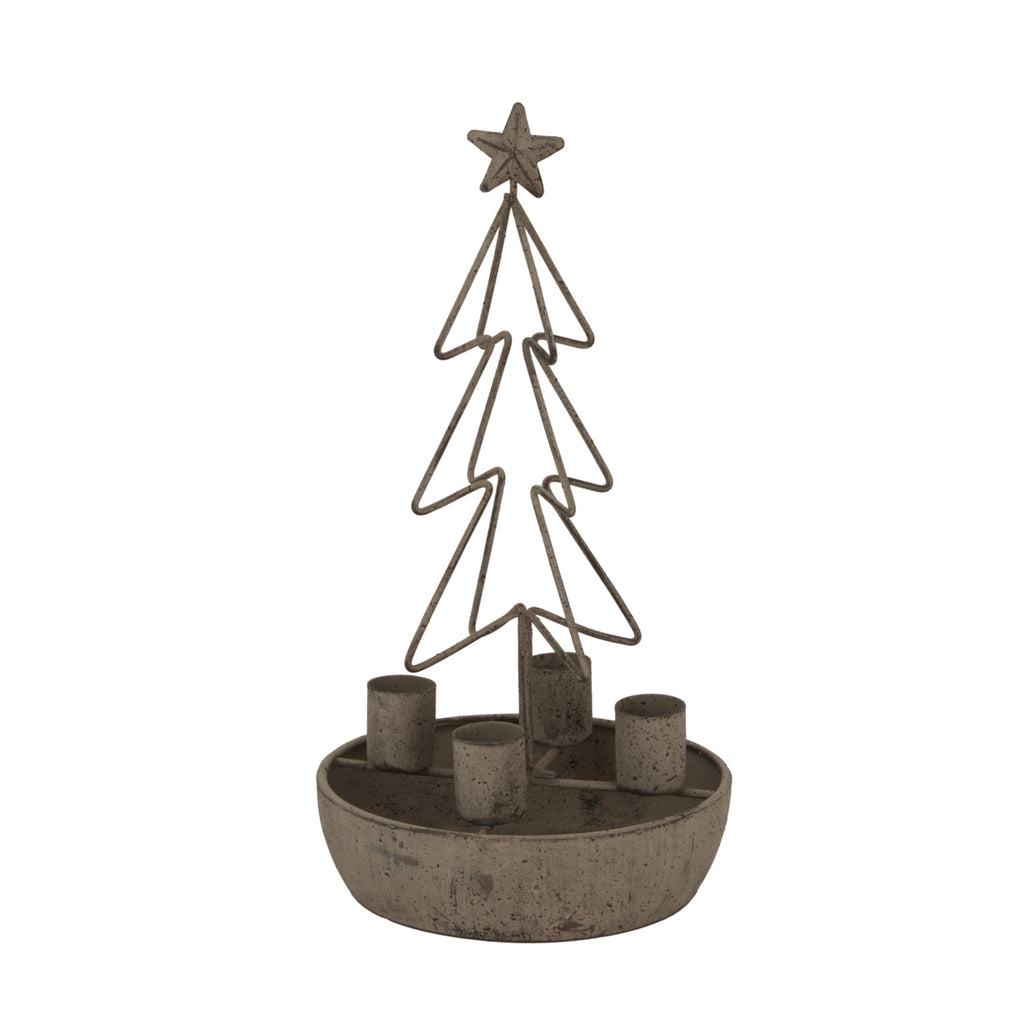 Treeoutline Cuptray Candle Holder with a star-topped open tree above four candle cups in a shallow round tray.