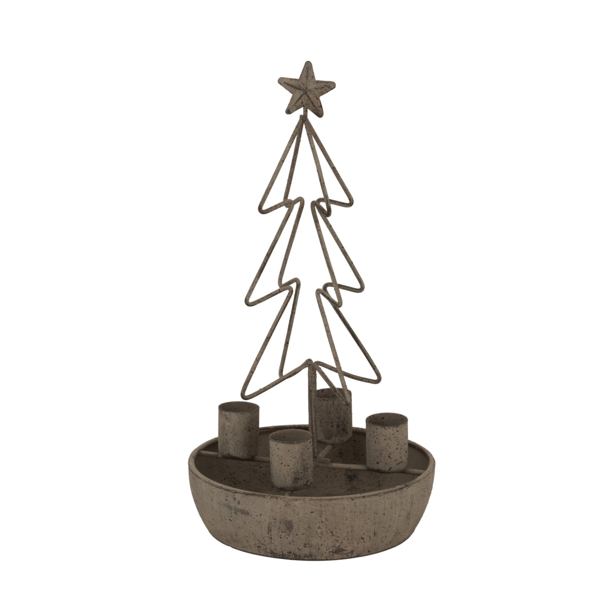 Treeoutline Cuptray Candle Holder with a star-topped open tree above four candle cups in a shallow round tray.