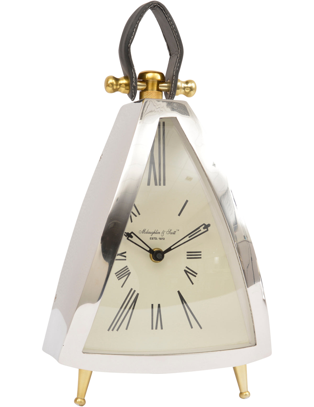 Angled product view of the triangular silver clock with a cream Roman numeral dial, brass feet and stitched black leather loop handle.