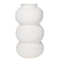 Front view of a white textured vase with three stacked rounded sections and a wavy rim.