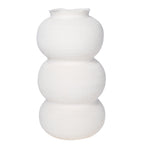 Front view of a white textured vase with three stacked rounded sections and a wavy rim.