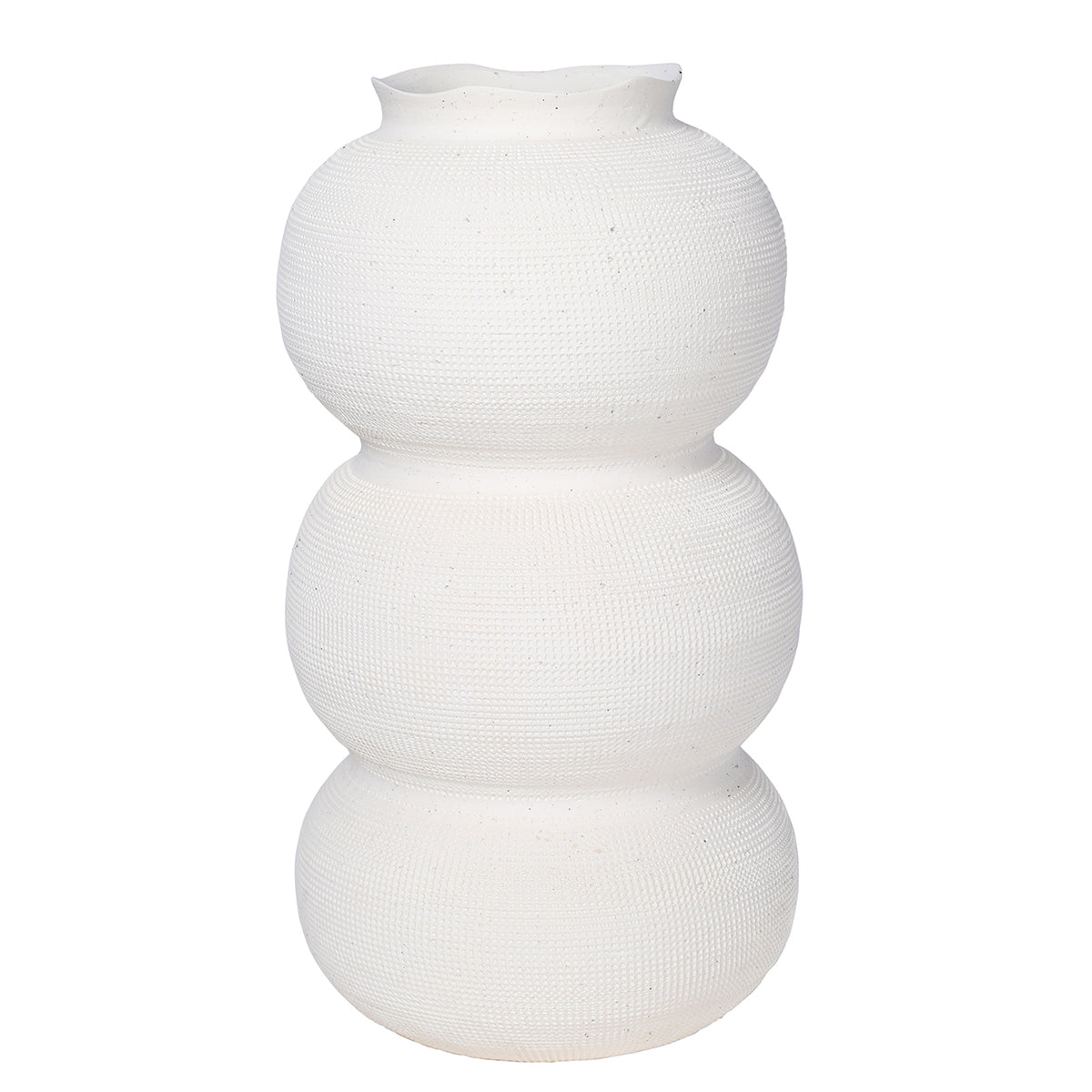Front view of a white textured vase with three stacked rounded sections and a wavy rim.