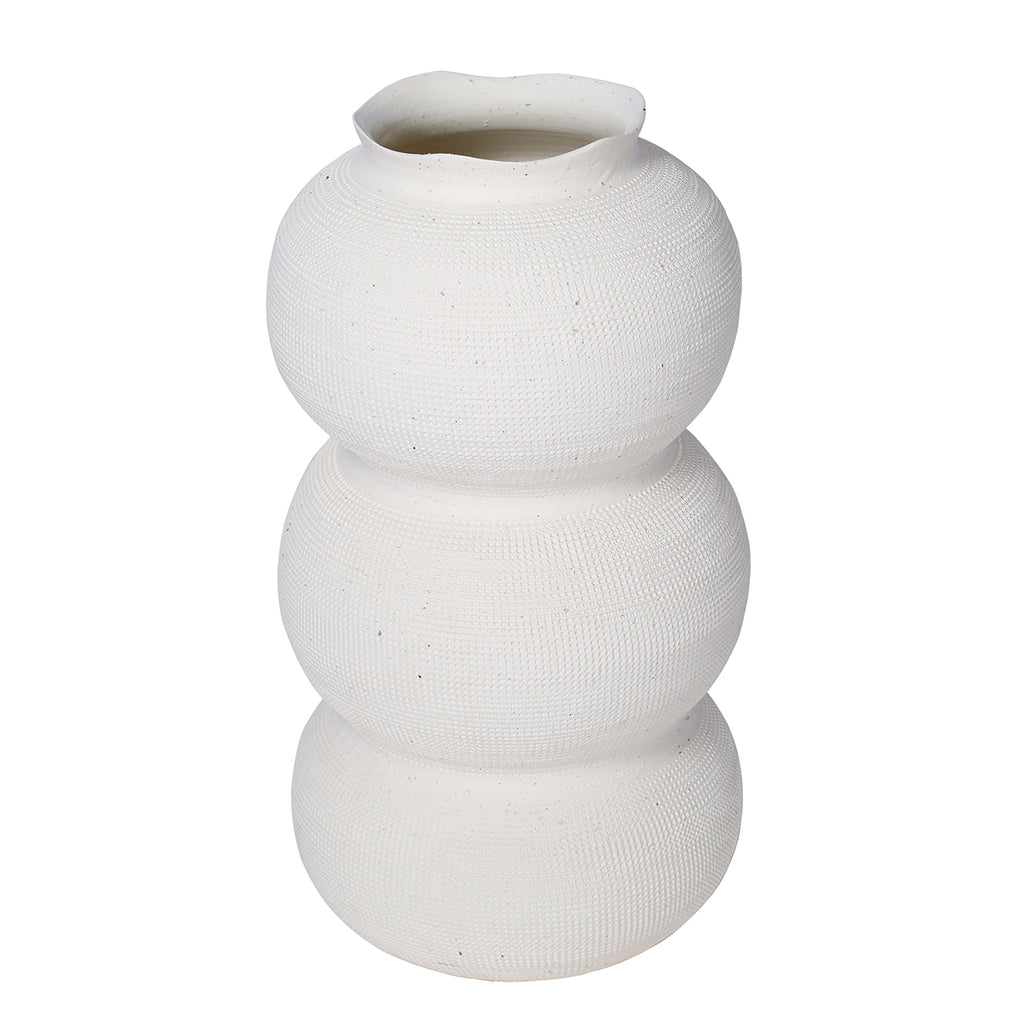 White triple curve vase viewed slightly from above, showing the opening and textured rounded body.