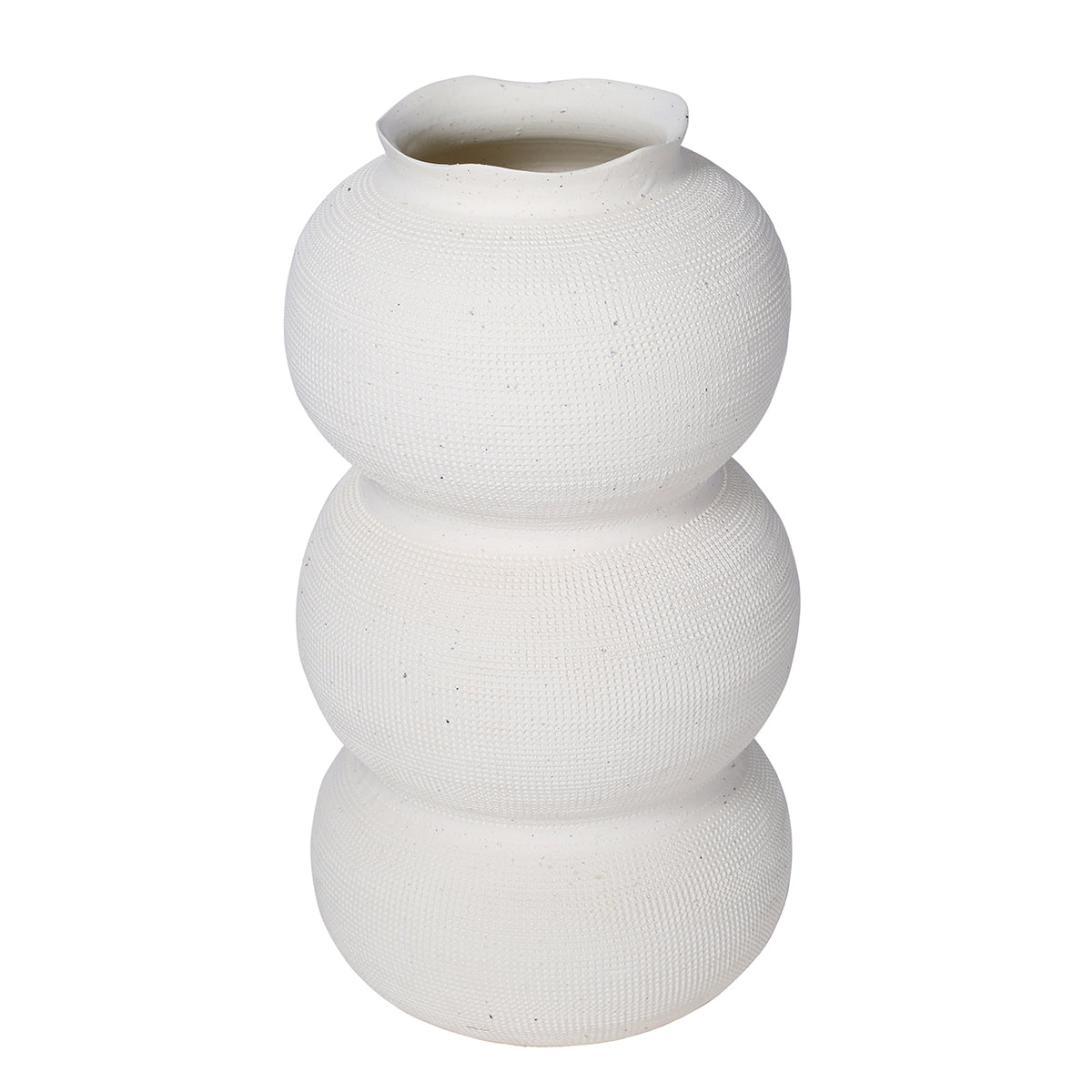 White triple curve vase viewed slightly from above, showing the opening and textured rounded body.