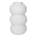 Front view of the white vase with three stacked rounded sections, fine surface texture and a wavy rim.