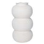 Front view of the white vase with three stacked rounded sections, fine surface texture and a wavy rim.