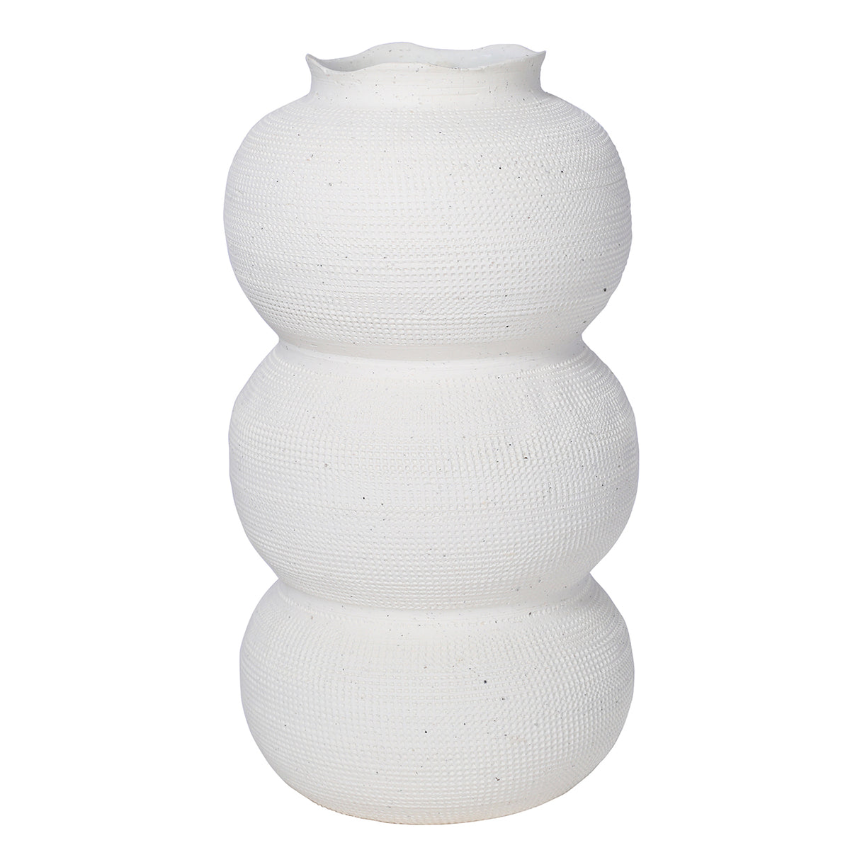 Front view of the white vase with three stacked rounded sections, fine surface texture and a wavy rim.