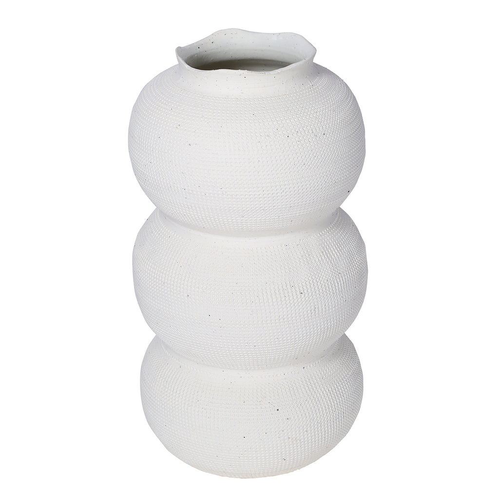 White triple curve vase viewed from slightly above, showing its open neck and textured rounded body.