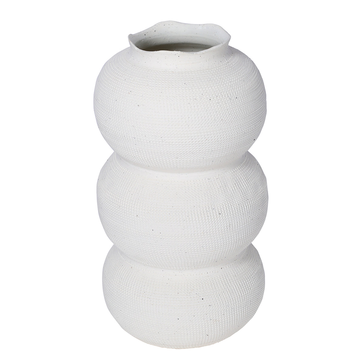 White triple curve vase viewed from slightly above, showing its open neck and textured rounded body.