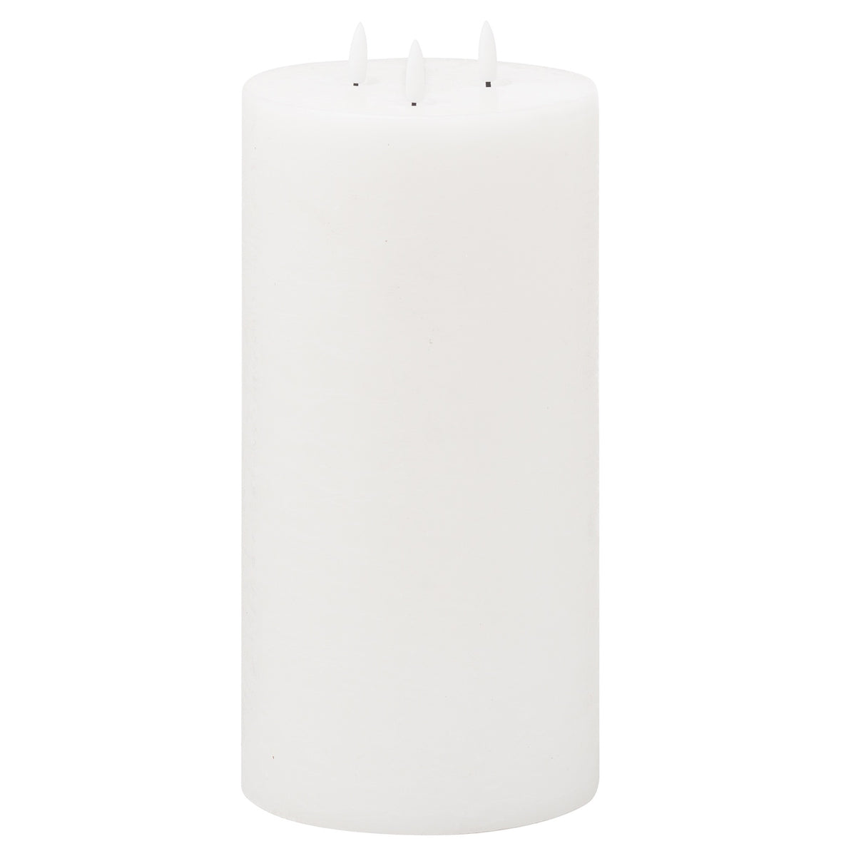 White cylindrical LED candle viewed slightly from above, showing its rounded upper edge, recessed top and three unlit white flame-shaped elements.
