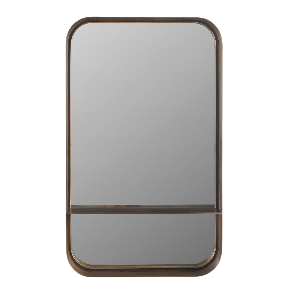 Front view of the tall rounded rectangular mirror with a smoked-gold frame and shelf across the lower section.