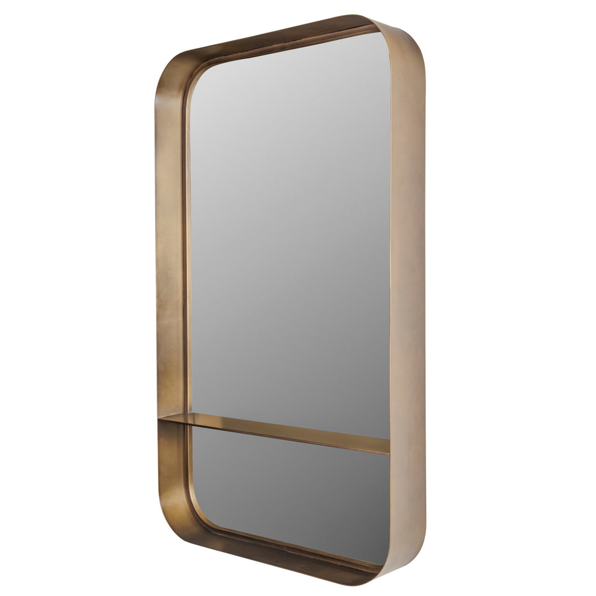 Angled view showing the mirror's deep smoked-gold frame, rounded corners and projecting shelf.