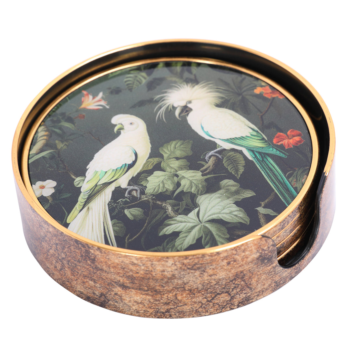 Round tropical bird coasters stacked in a mottled brown and gold holder, with the top illustration clearly visible.