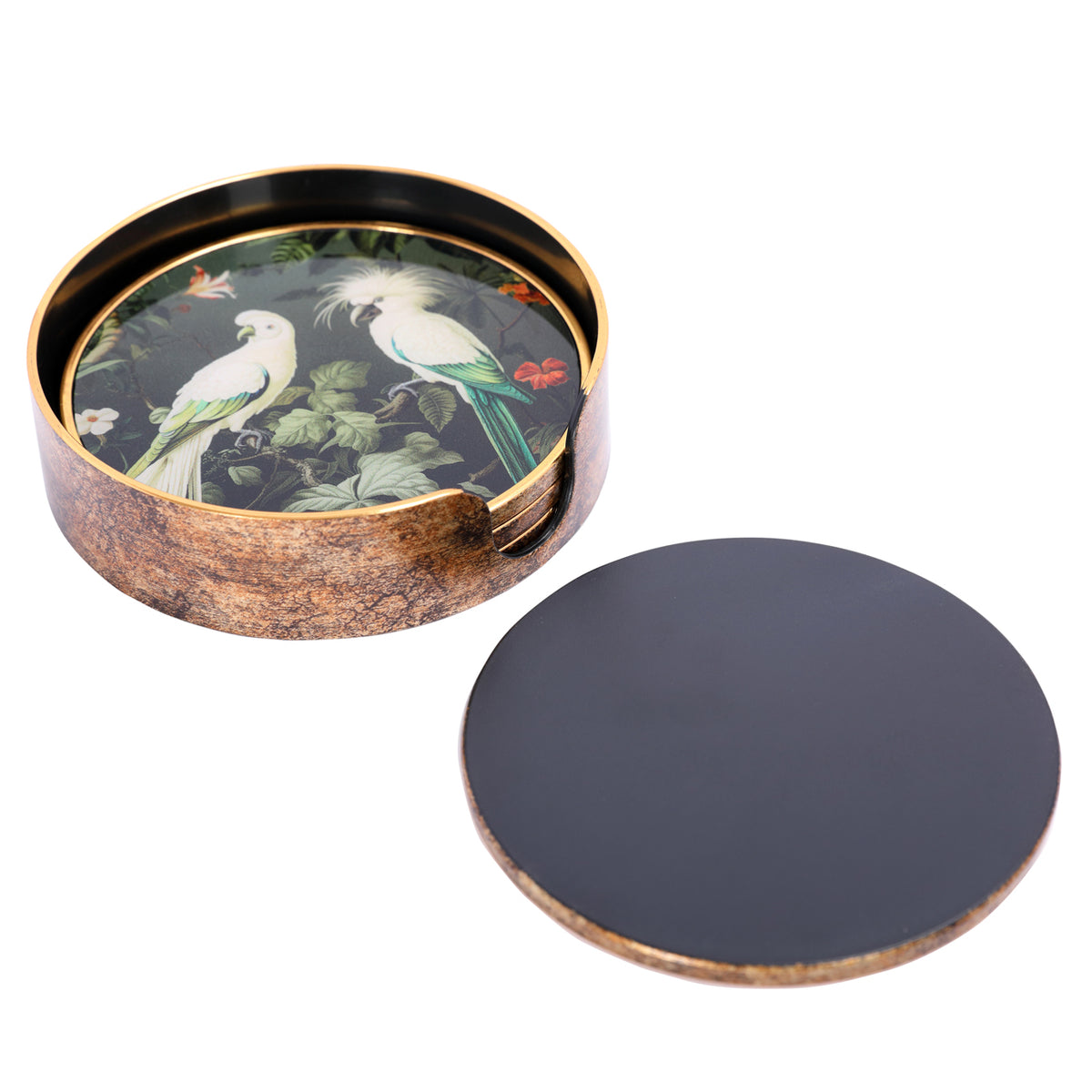 Stacked bird coasters in their holder beside an overturned coaster showing its plain dark matte underside.