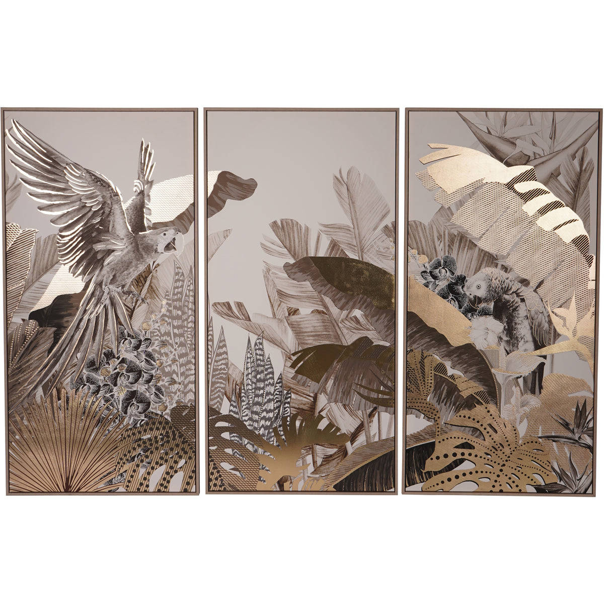 Three framed panels depicting two macaws among tropical leaves in sepia, black, ivory and gold, shown from the front.