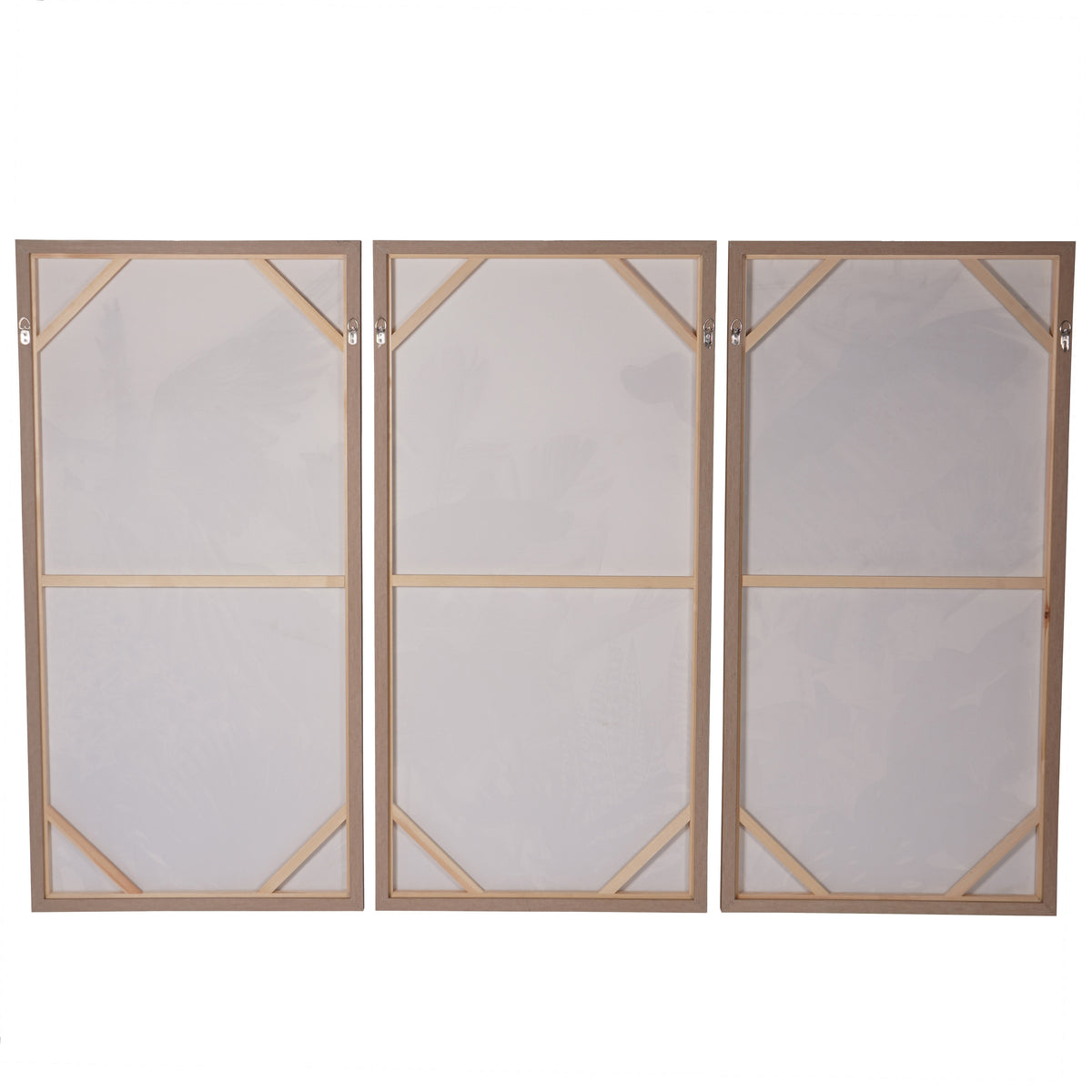 Rear view of all three canvas panels showing frames, horizontal supports, corner braces and small fittings near the upper edges.