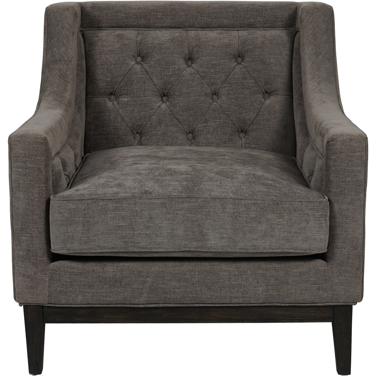 Front view of the warm grey Tuft Armchair with diamond buttoning, a deep seat cushion and dark tapered wooden legs.